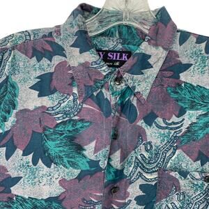 VTG 90s My Silk Mens Medium Long Sleeve 100% Silk Purple Pattern Button Up Shirt
